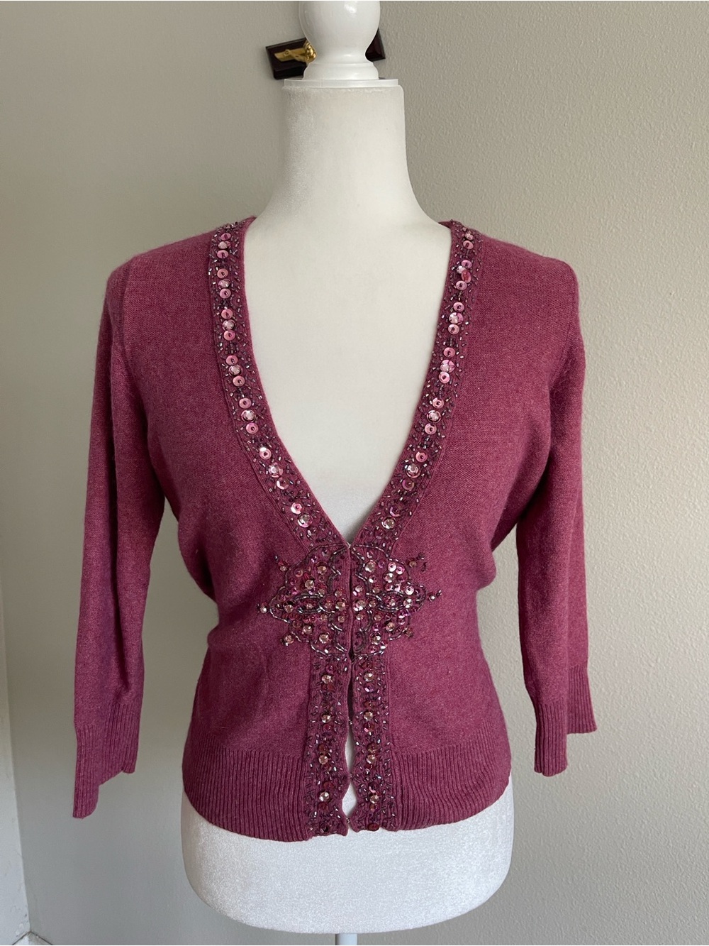 Context Embellished Deep Rose V-Neck Sweater Cardigan